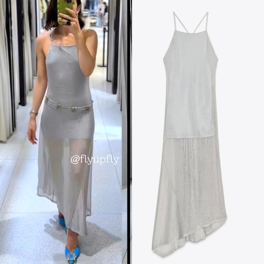 ZARA Metallic Thread  Midi Dress Silver